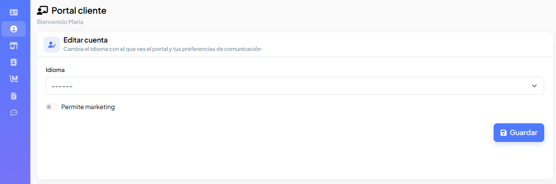 Bloque "Editar cuenta" con idioma y preferencia de marketing