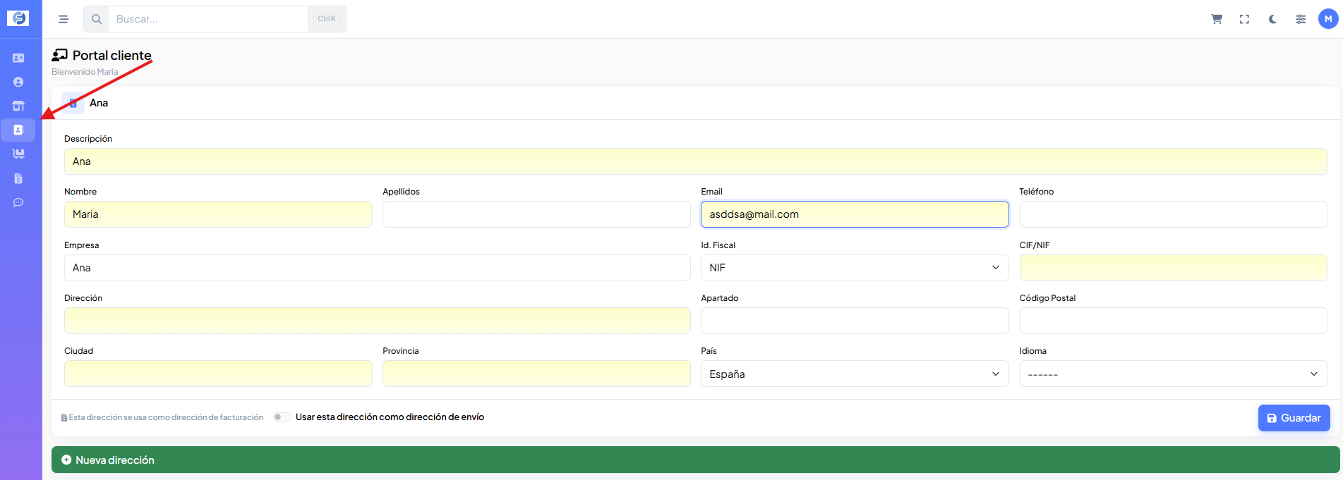 Pestaña Direcciones del portal