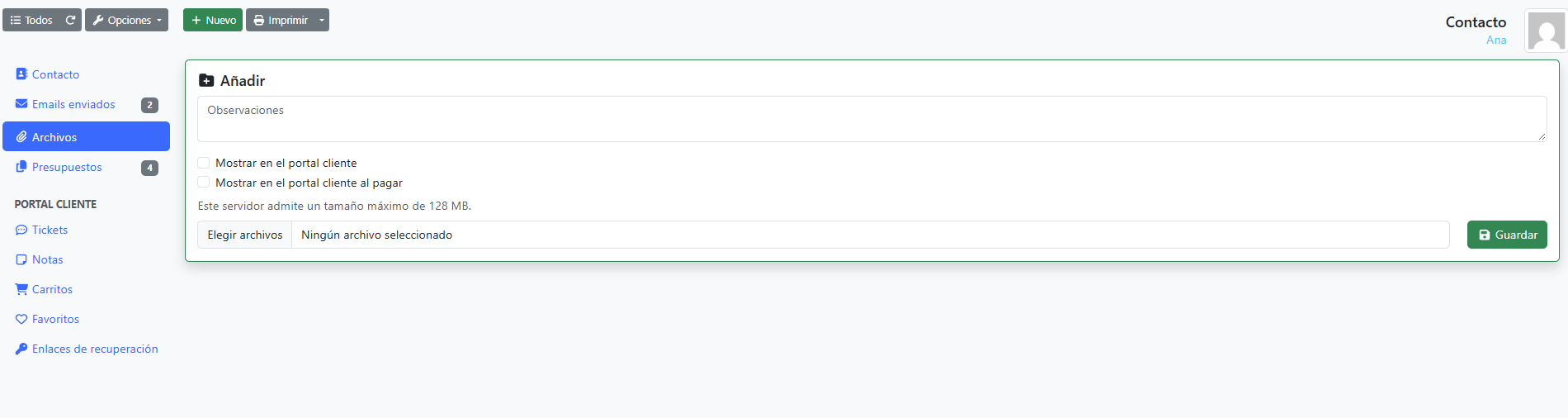 Archivos en la ficha del contacto