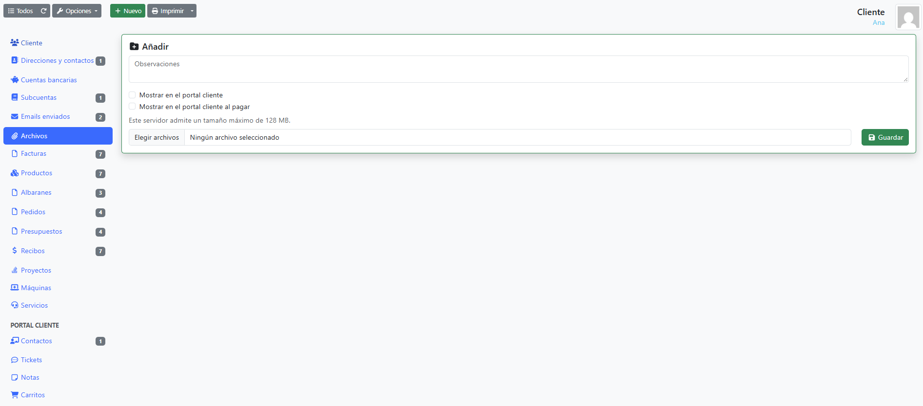 Archivos en la ficha del cliente