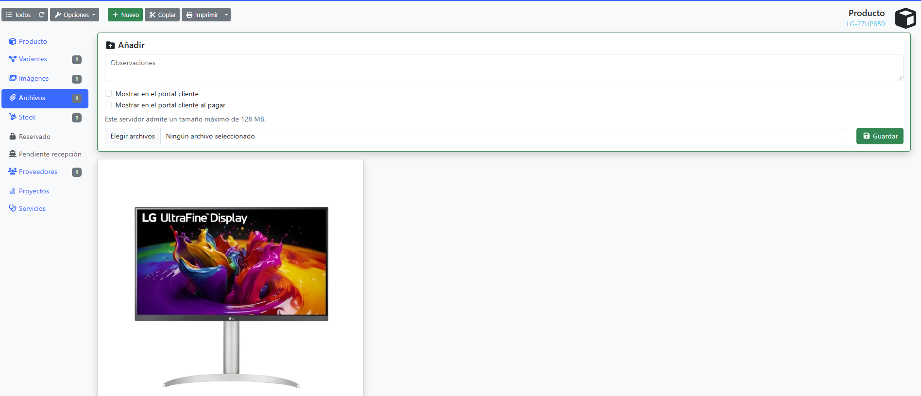 Archivos en la ficha del producto