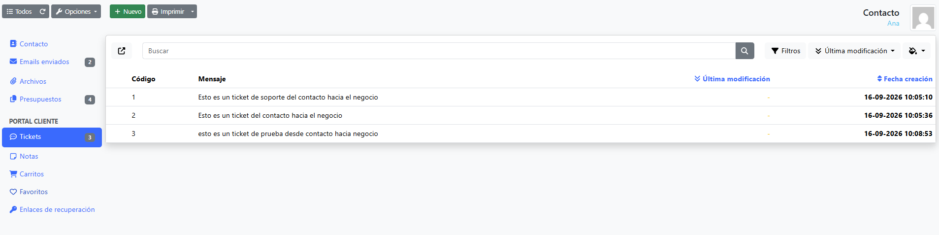 Tickets desde la ficha del contacto o del cliente