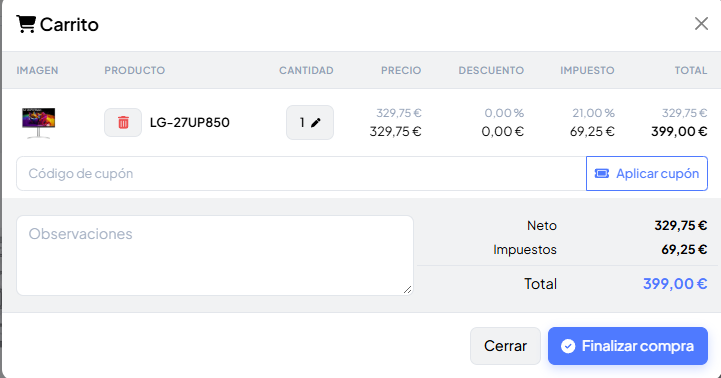 Ventana del carrito con las líneas añadidas