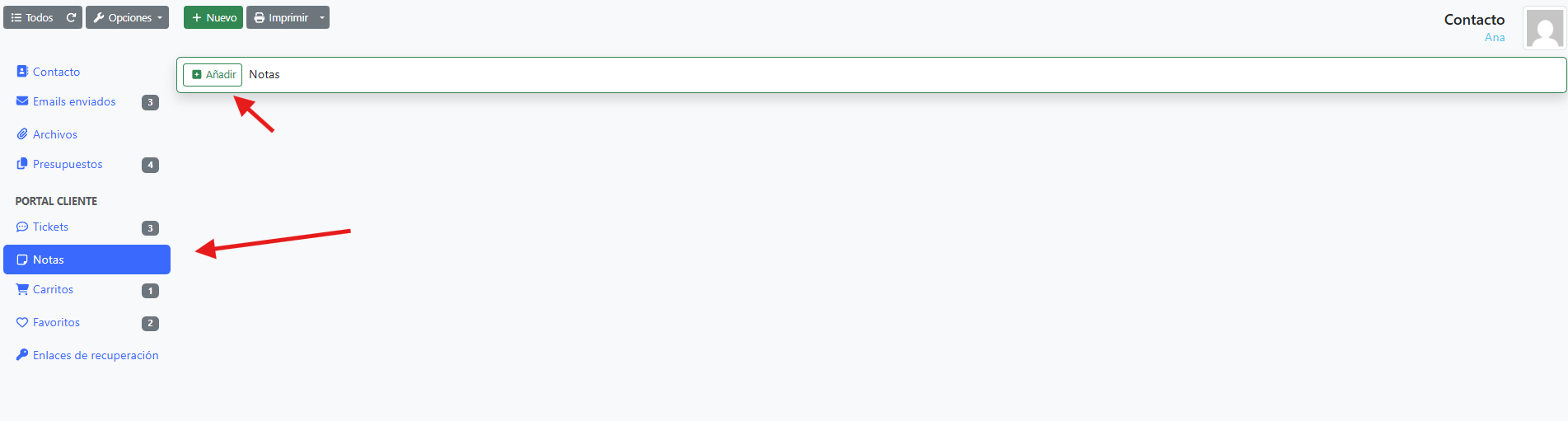 Crear una nota desde la ficha del contacto o del cliente