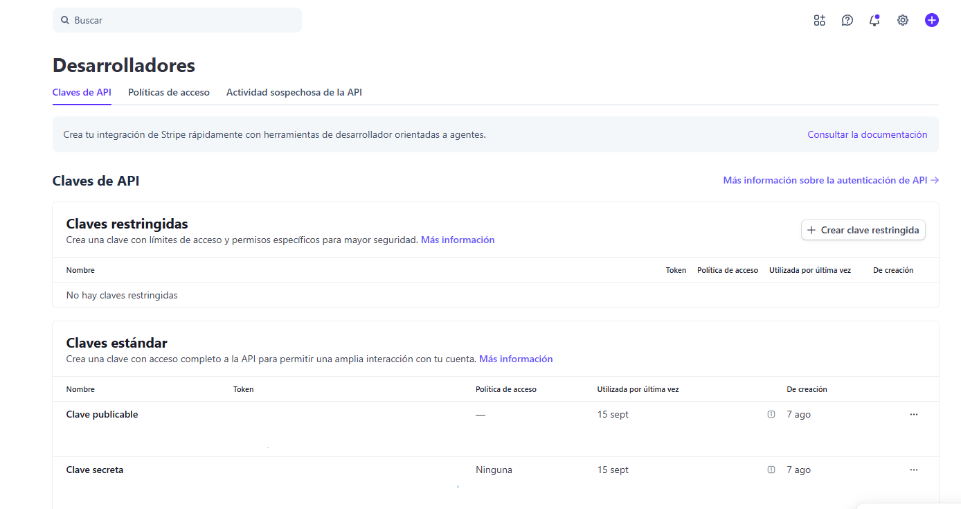 Claves de API en Stripe