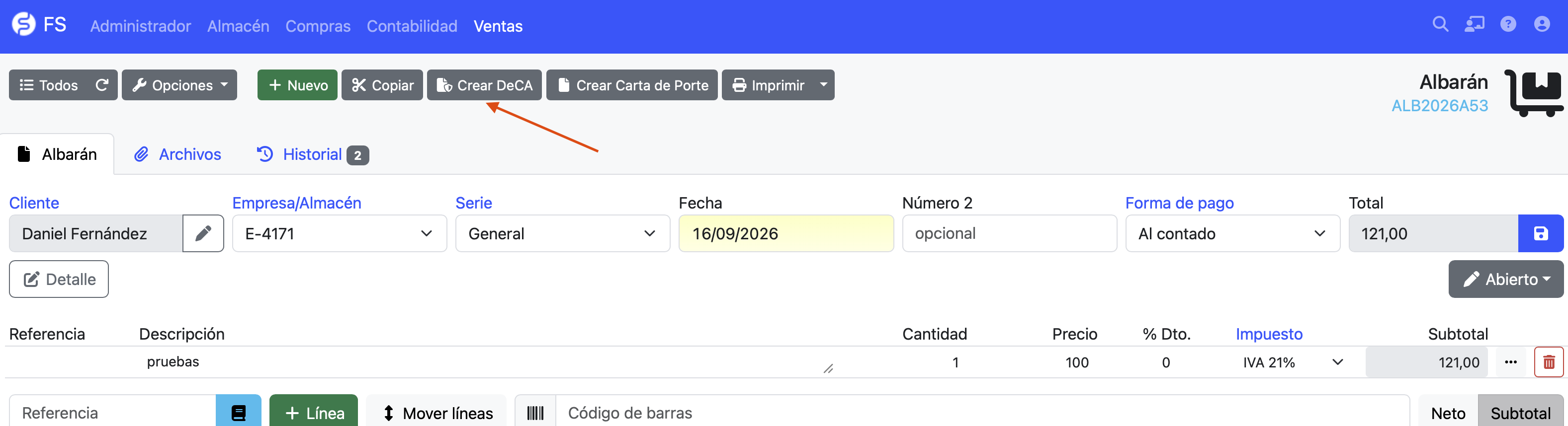crear DeCA desde el albarán