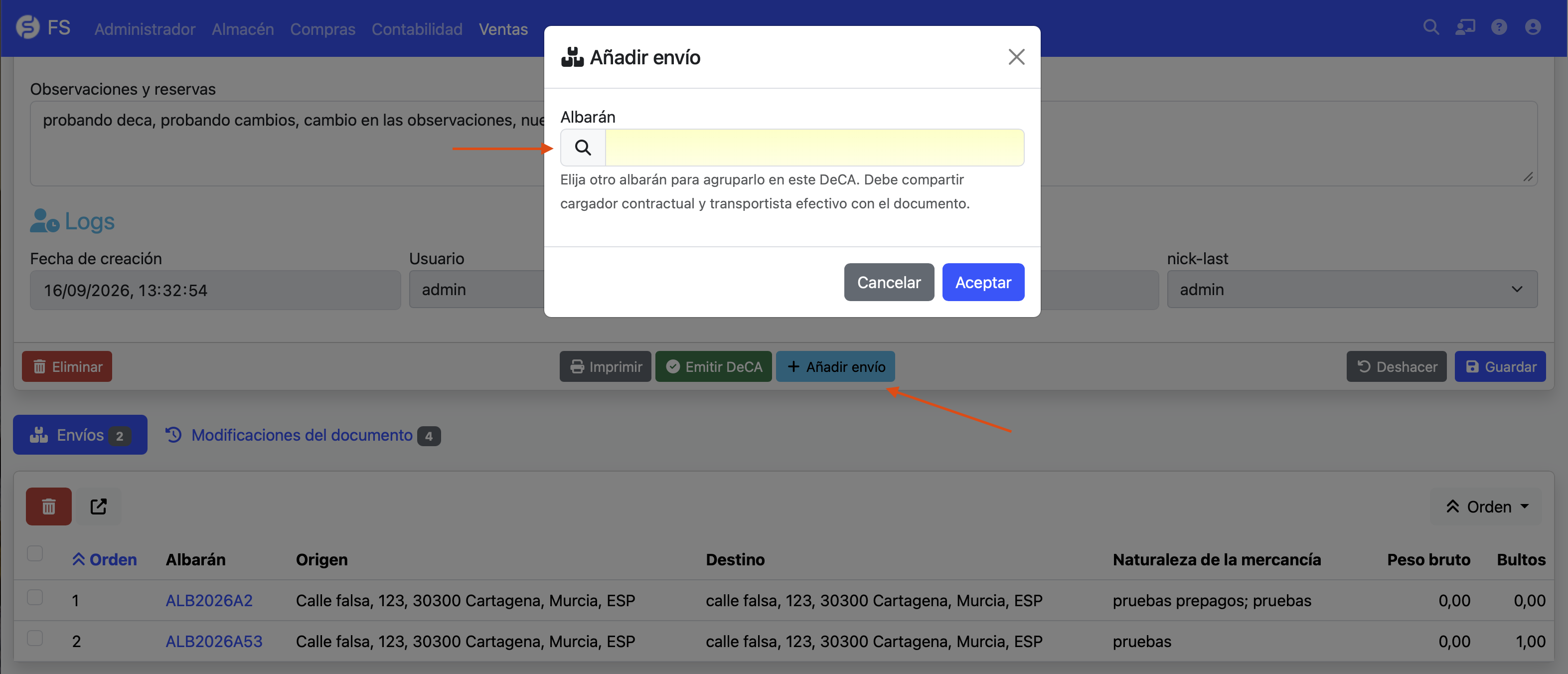 añadir envío al DeCA
