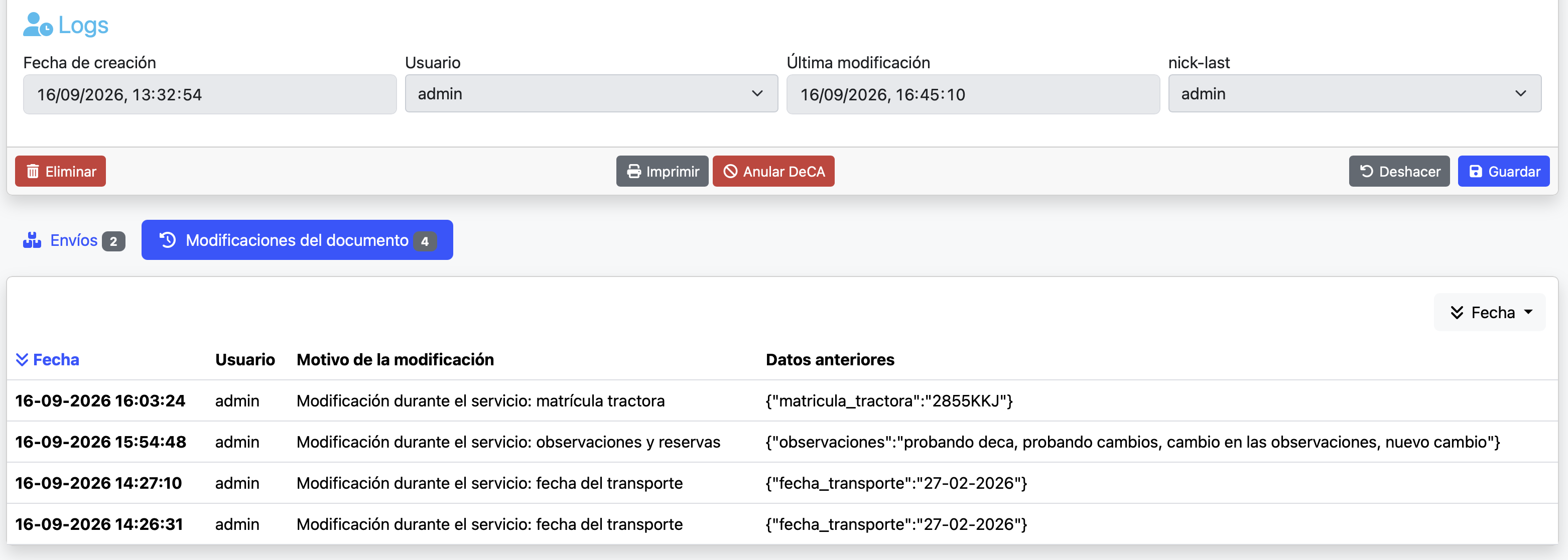modificaciones del documento