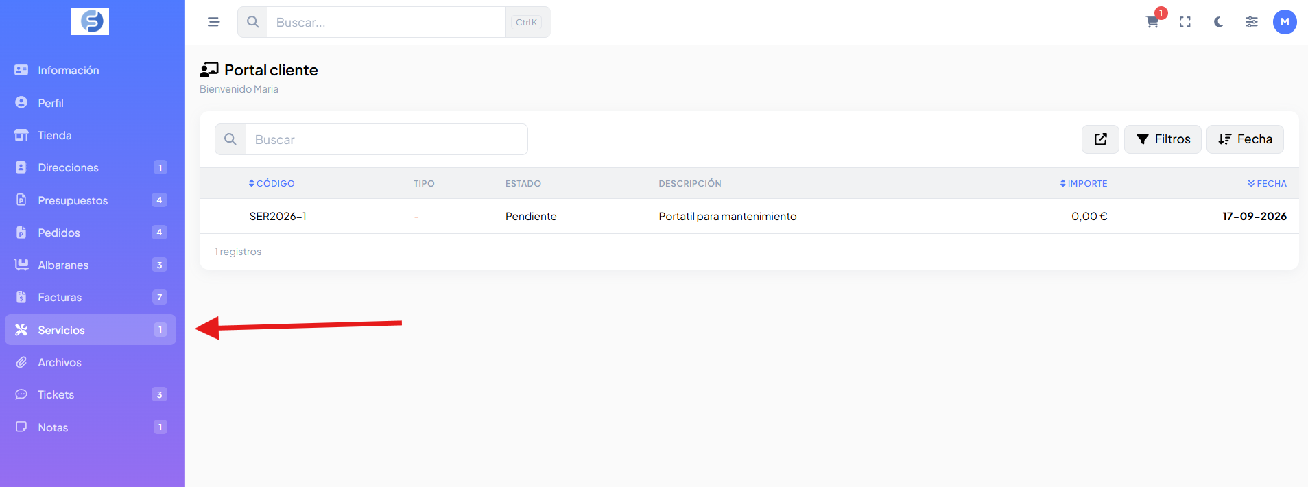 Listado de servicios en el portal