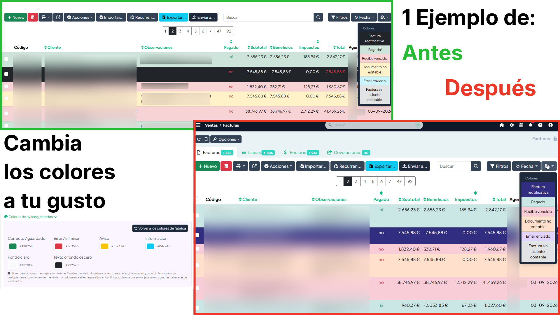 Antes y después de personalización colores