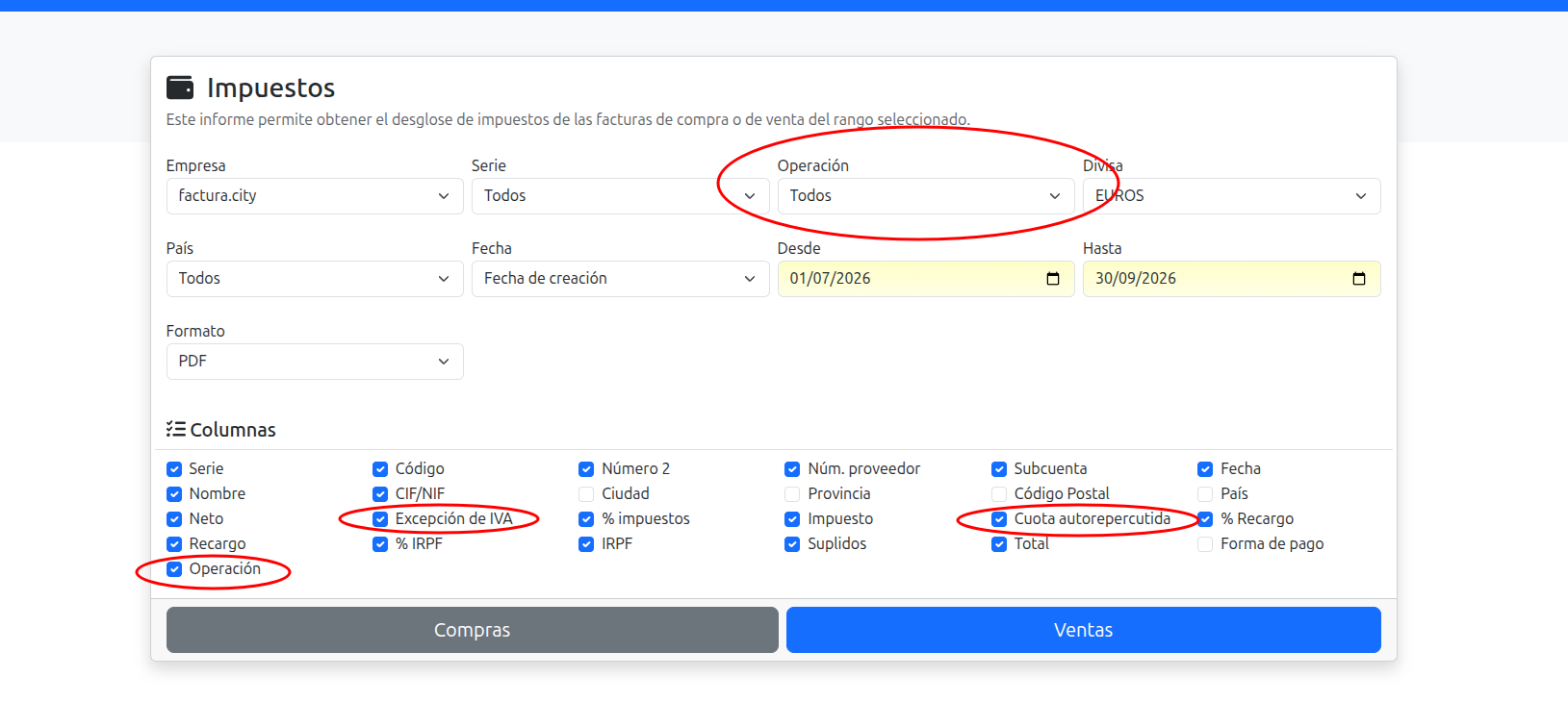 filtro operación del informe de impuestos